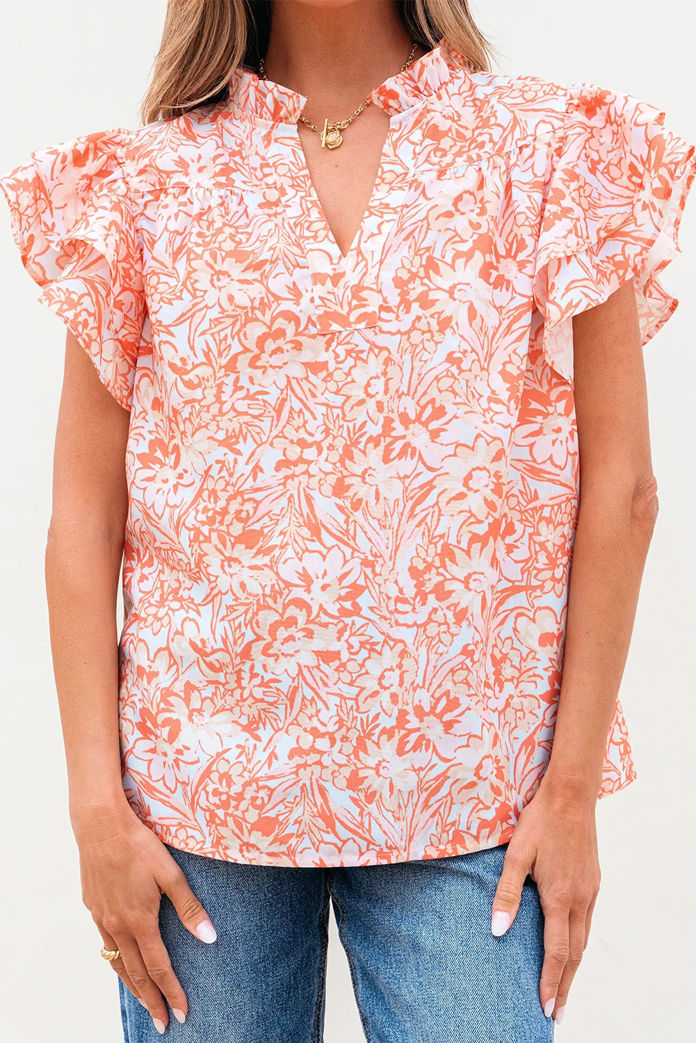 Orange Floral Ruffle Sleeve Split Neck Blouse