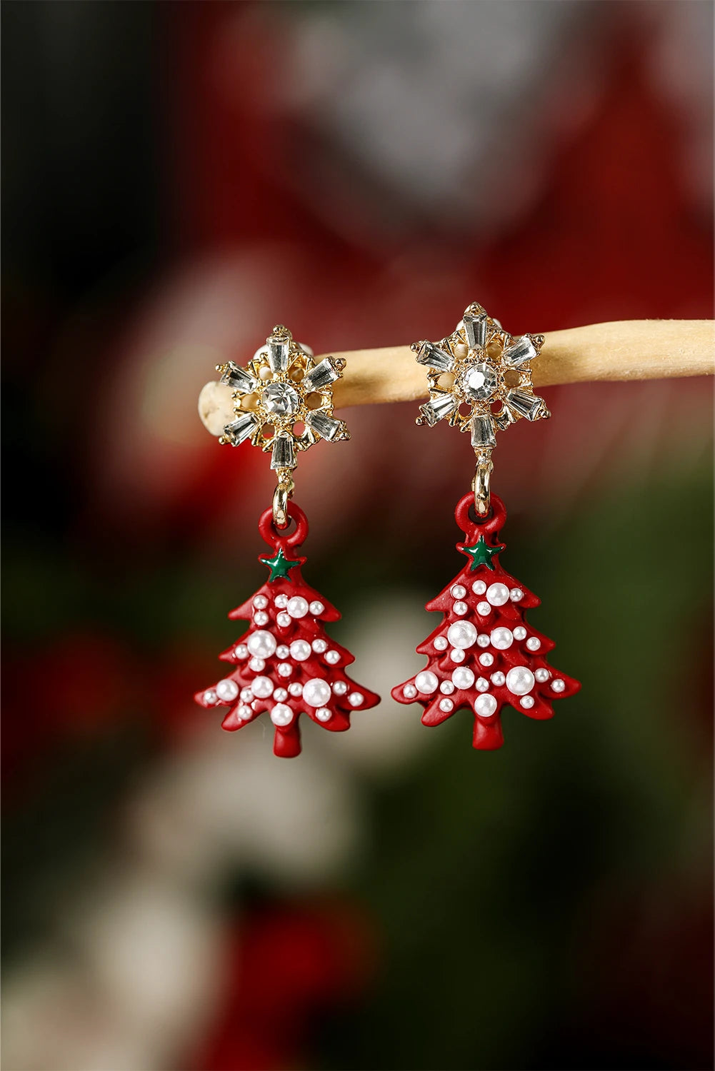 Fiery Red Pearl Embellished Christmas Tree Gem Snowflake Earrings