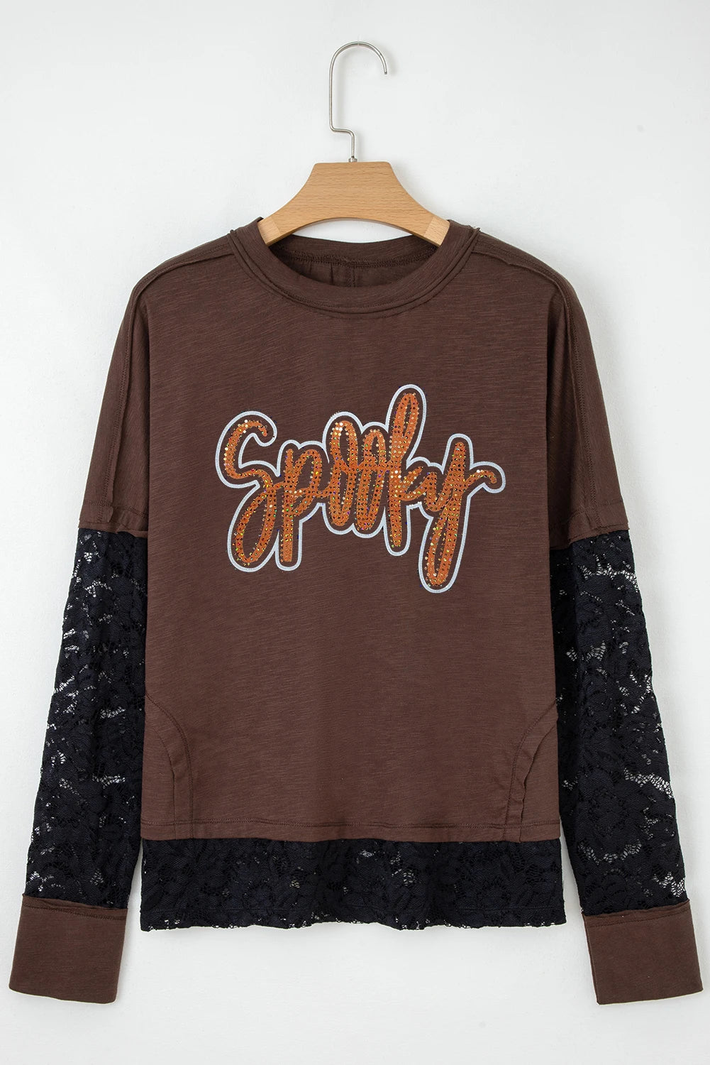 Dark Brown Rhinestone Spooky Graphic Lace Patchwork Long Sleeve T Shirt