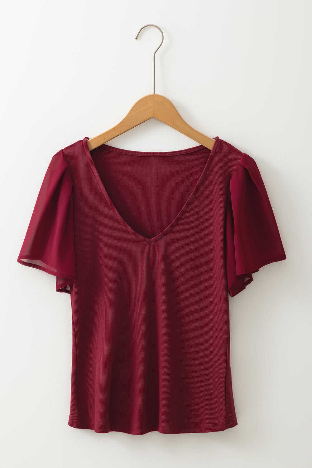 Red Dahlia Mesh Ruffled Sleeve Slim Fit V Neck Top