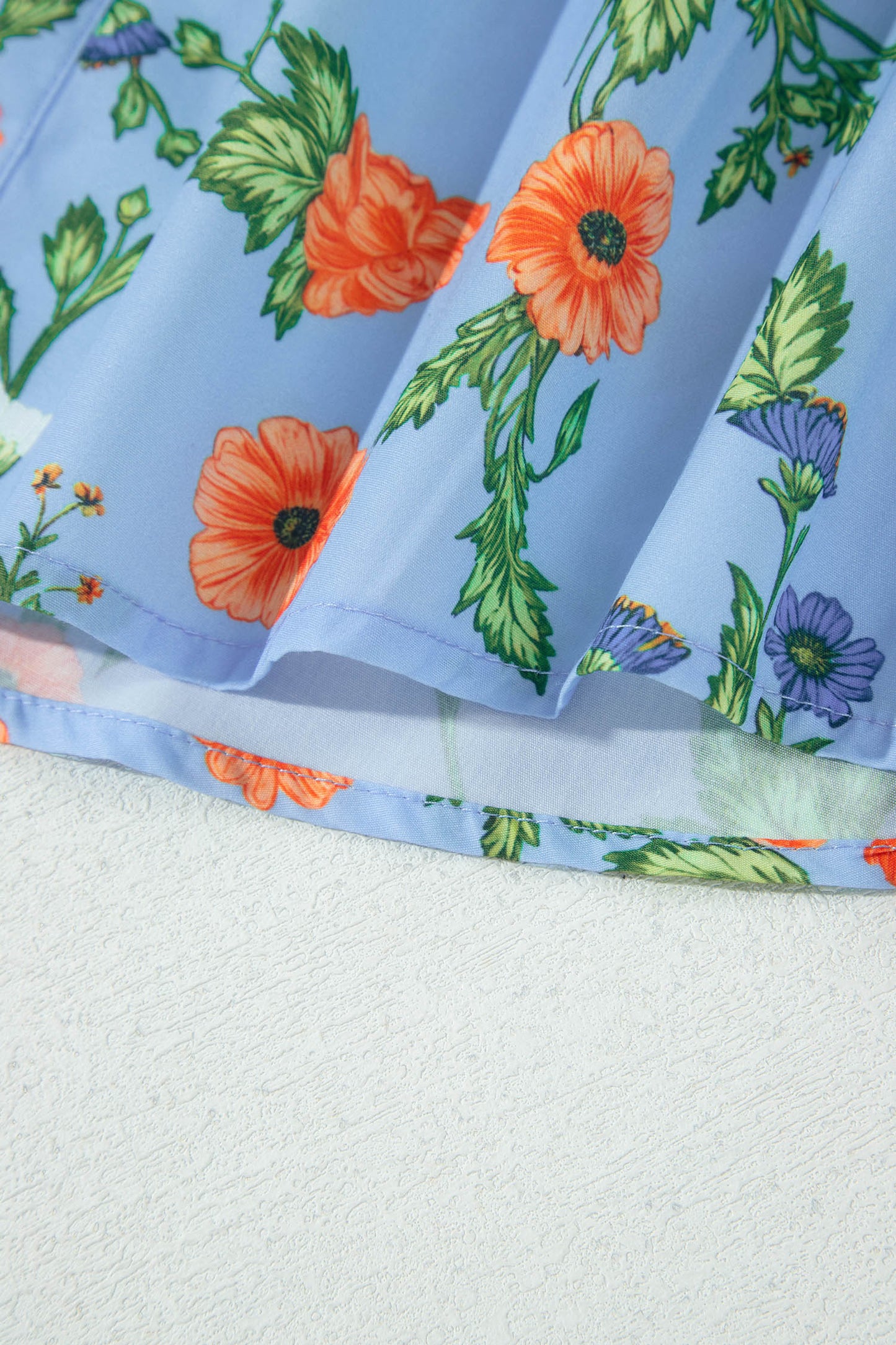 Sky Blue Floral Print Bracelet Sleeve Button Down Casual Shirt