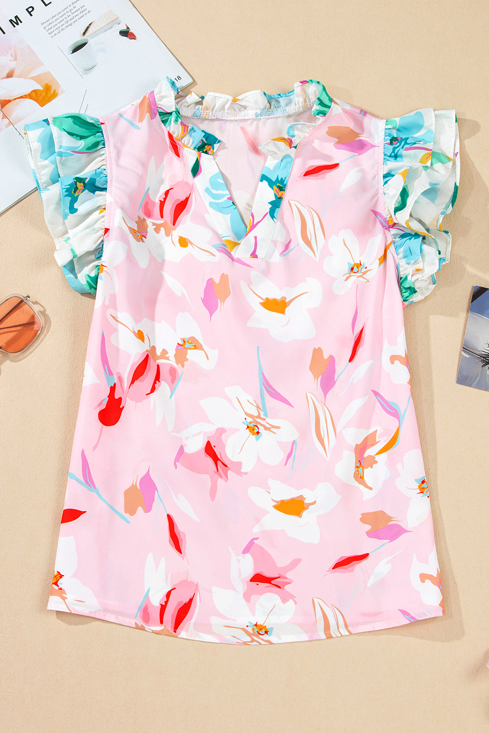 Multicolour Contrast Floral Patchwork Notched Neck Flutter Sleeve Blouse