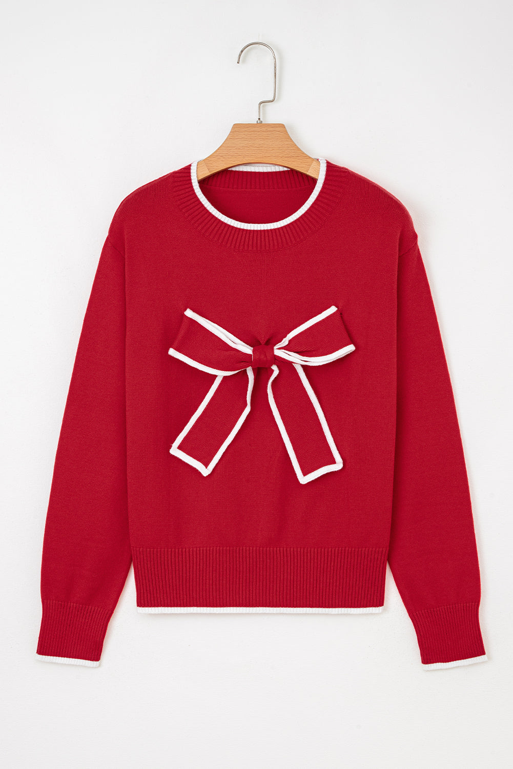 Fiery Red Contrast Trim Big Bow Accent Holiday Cropped Sweater