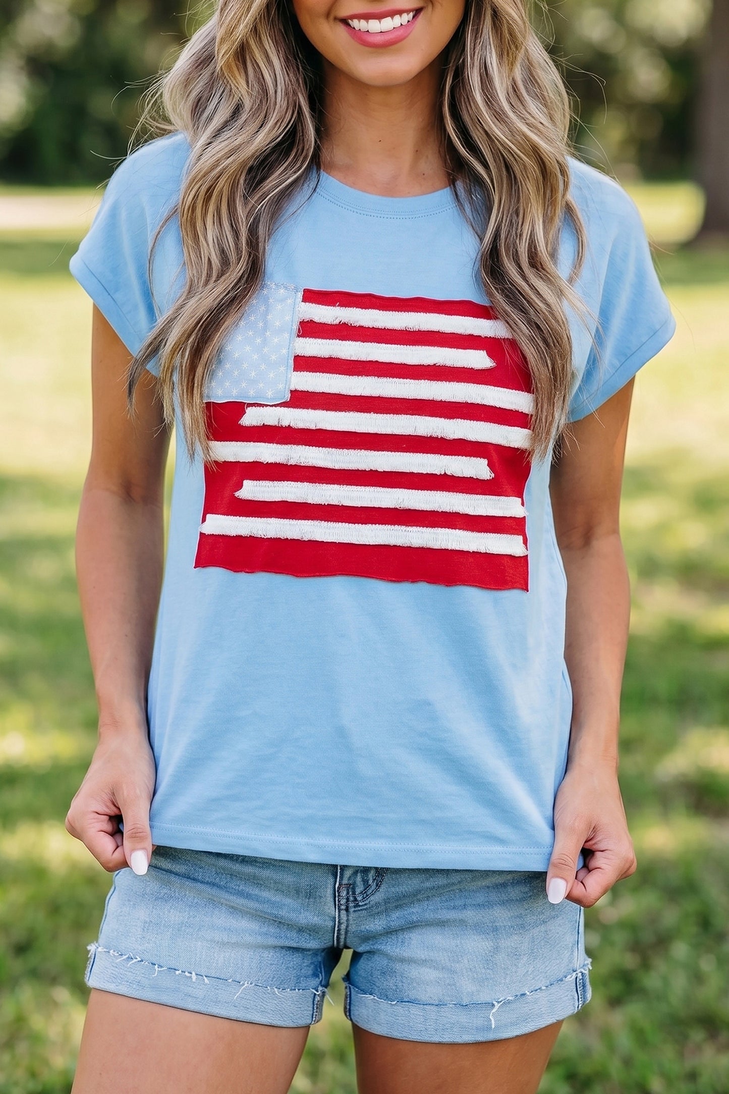 Flag Print Polyester Tee Short Sleeve Casual Shift