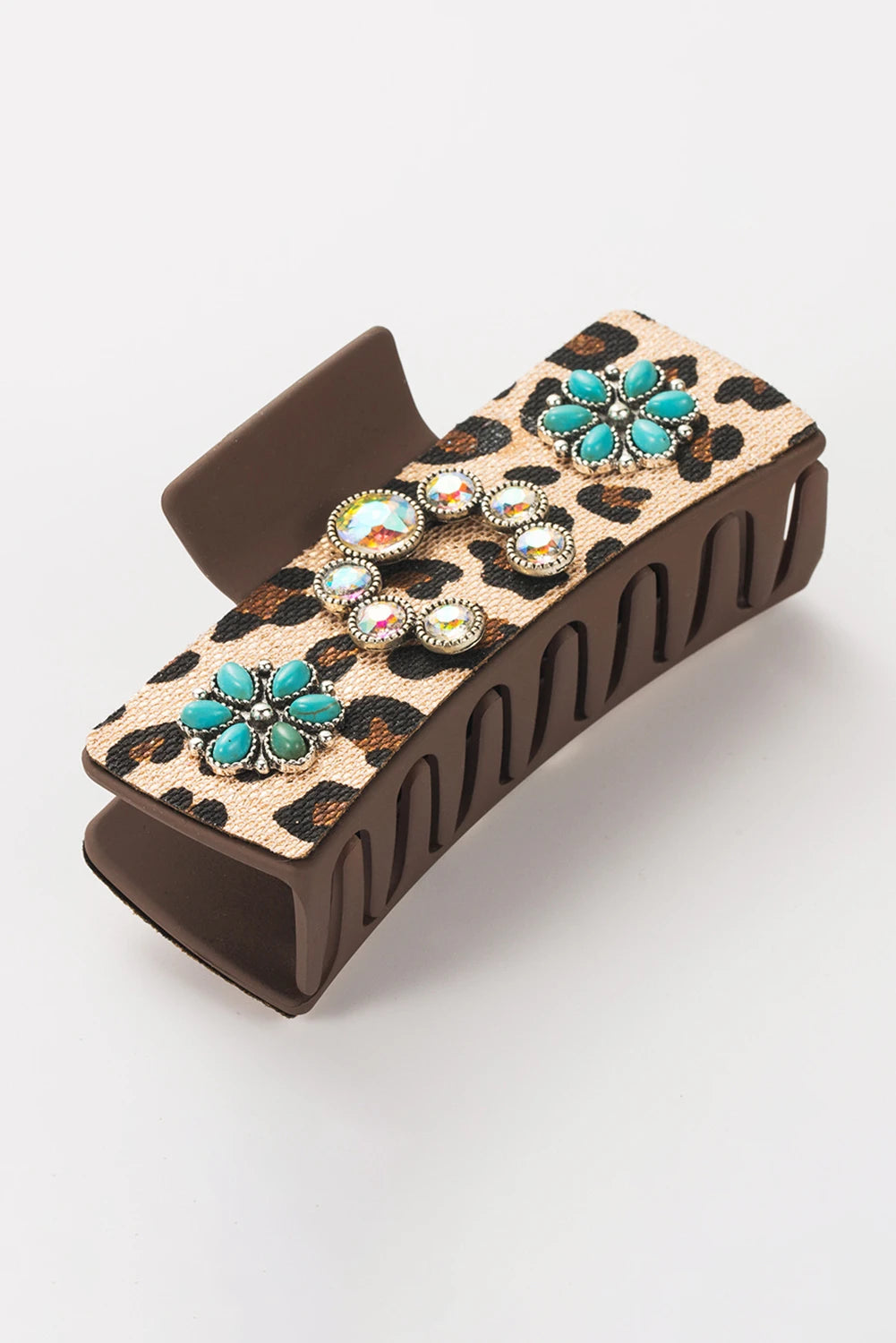 Parchment Western Leopard Print Gem Turquoise Detail Jaw Hair Clip