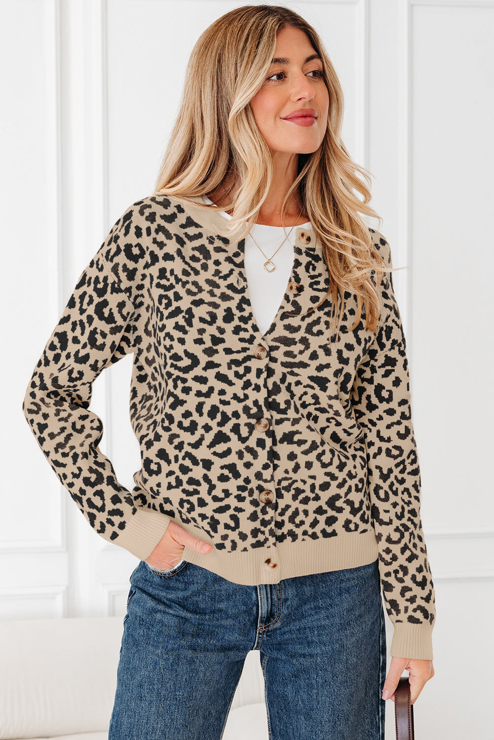 Black Leopard Drop Shoulder Chunky Knitted Cardigan Sweater