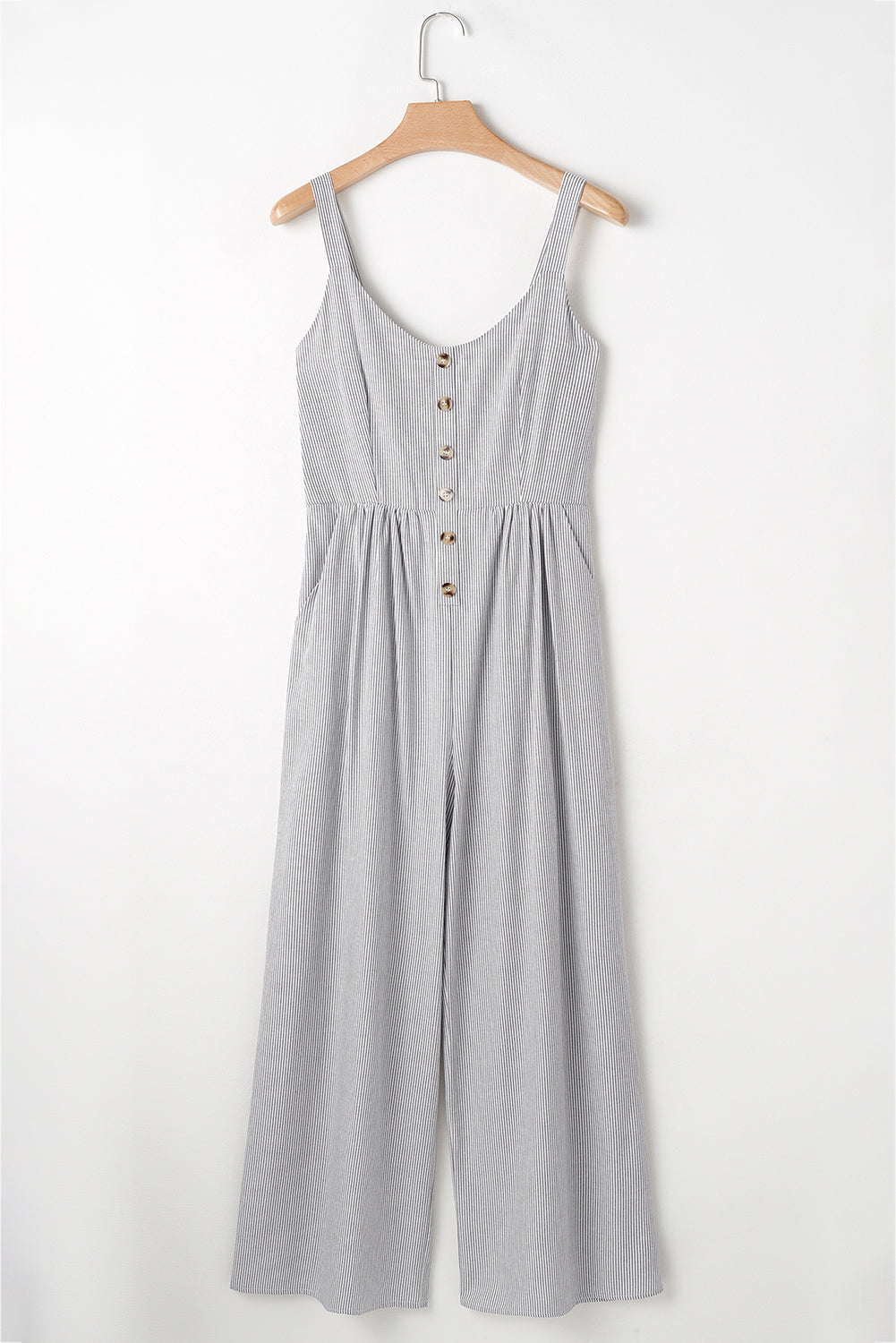 Black Stripe Half Buttoned Sleeveless Wide Leg Jumpsuit