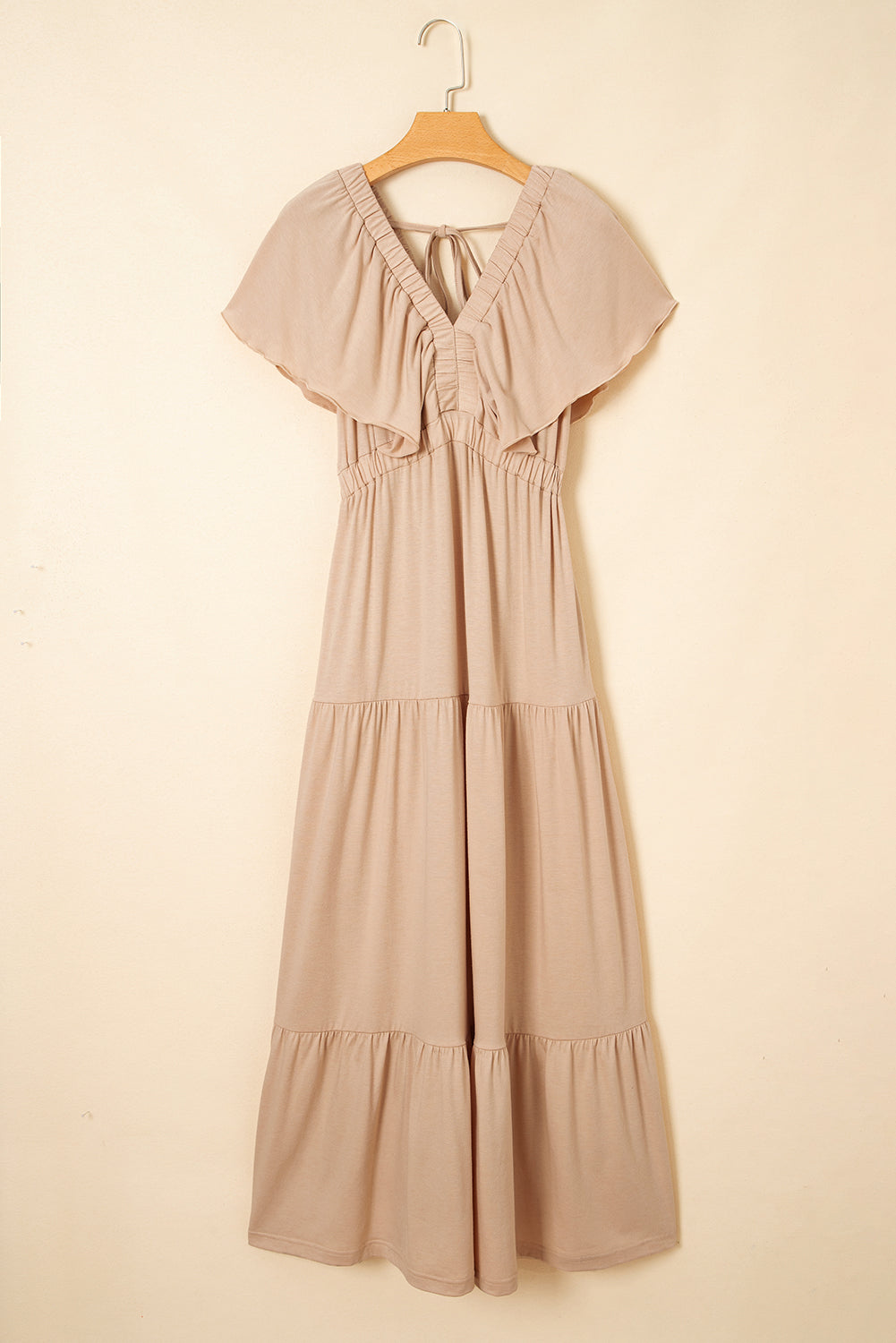 Green Textured V Neck Flutter Sleeve Ruffled Maxi Dress