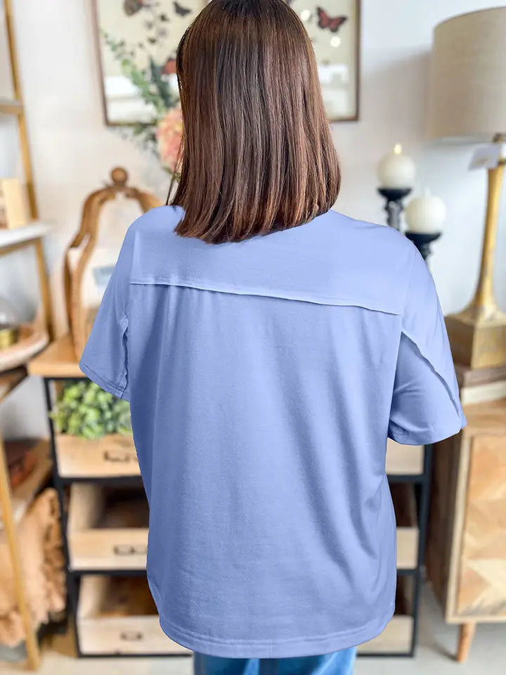 Apricot Flower Patched Exposed Stitching Trim Crew Neck Loose Tee