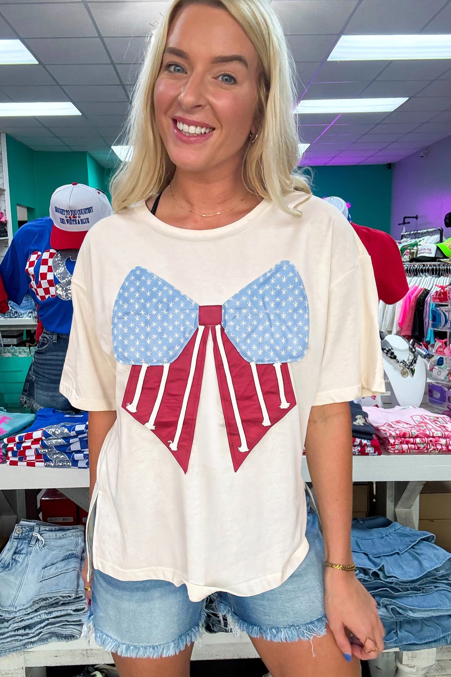 Patchwork Polyester Tee Casual Shift Short Sleeve
