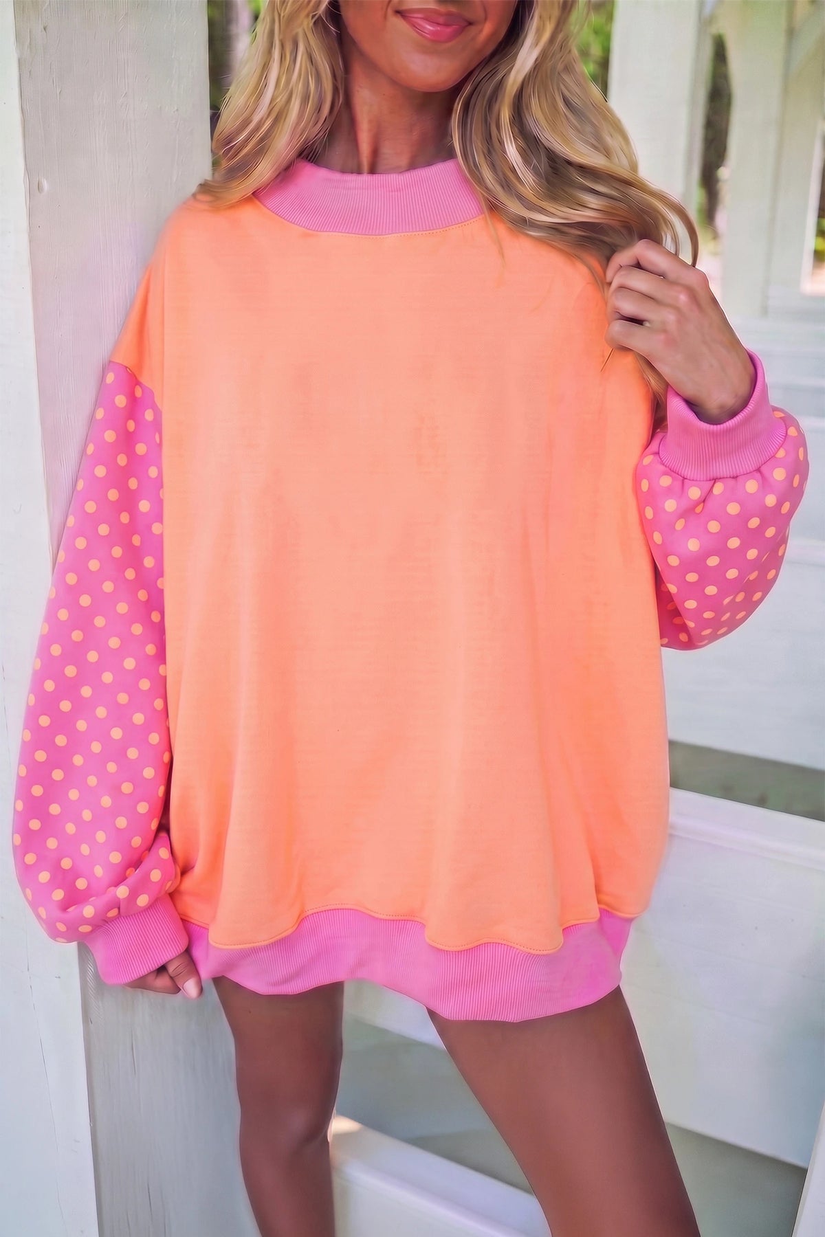 Coffee Colorblock Polka Dot Puff Sleeve Shift Tunic Pullover Sweatshirt