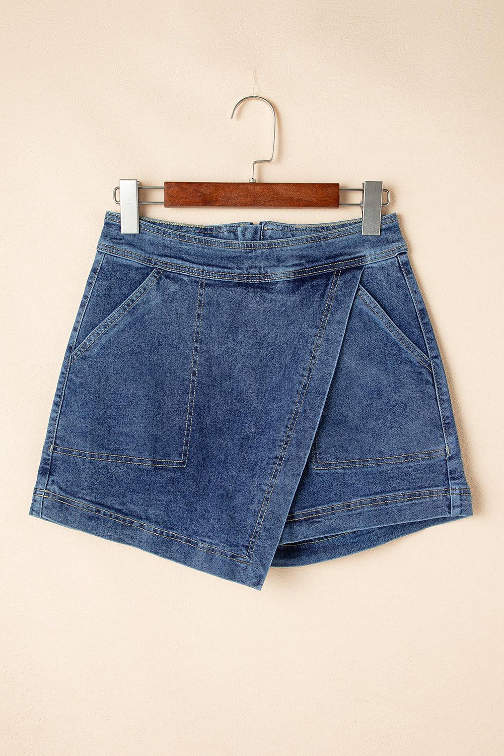 High Waist Faux Wrapped Denim Skort with Pockets
