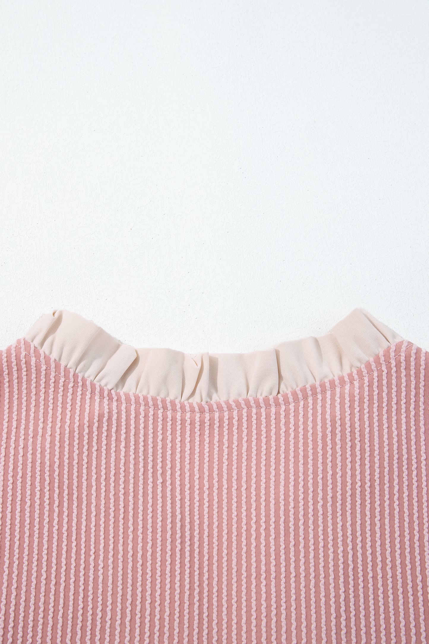 Fushia Plus Size Contrast Frilled Neckline Ruffled Short Sleeve Ribbed Textured Blouse