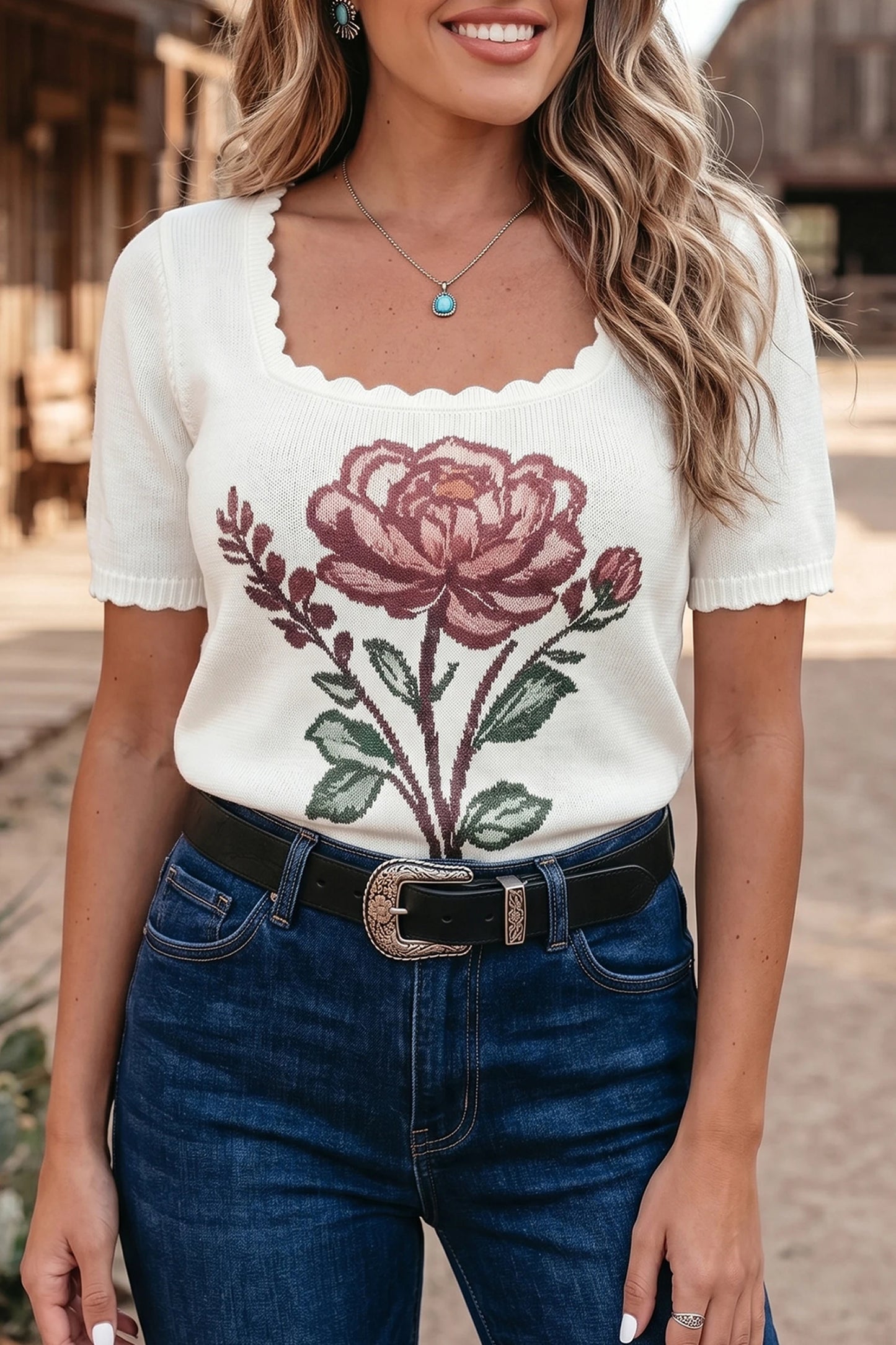 Western Floral Print Short Sleeve Square Collar Knit Sweater