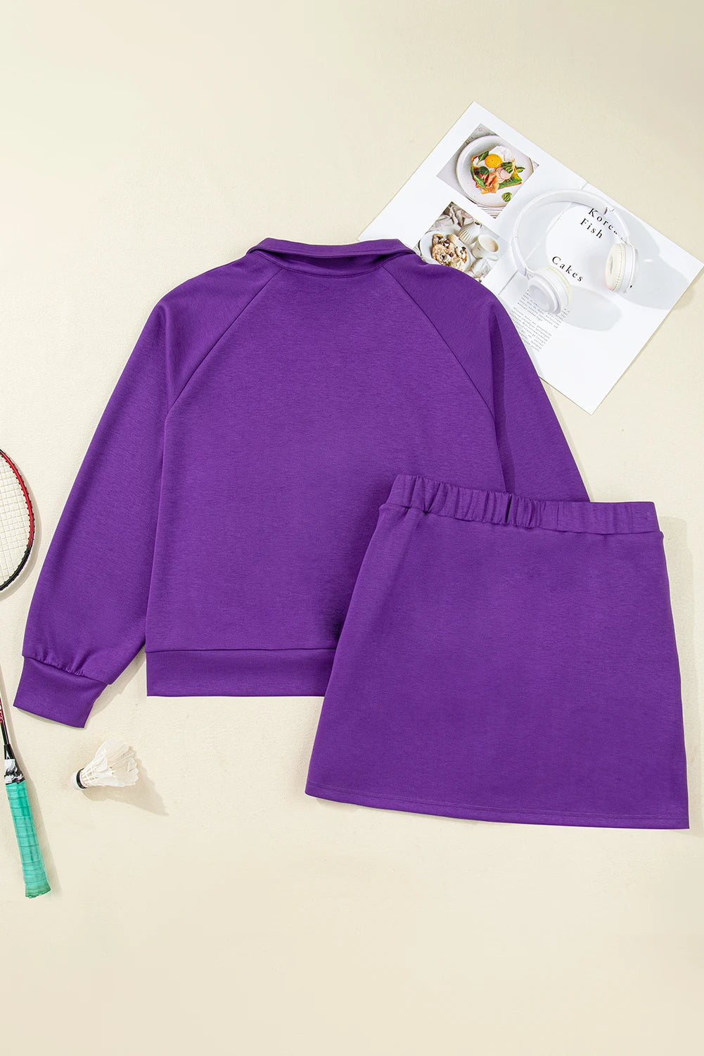 Wisteria Collar Half Zip Pullover Mini Skirt Plus Size 2pcs Set