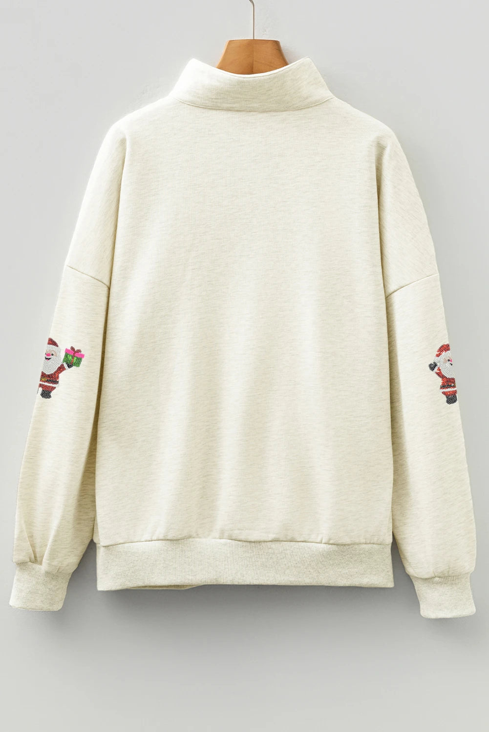 Light Grey Striped Patchwork Zip Neck Sequin Santa Gift Graphic Pullover Sweatshirt