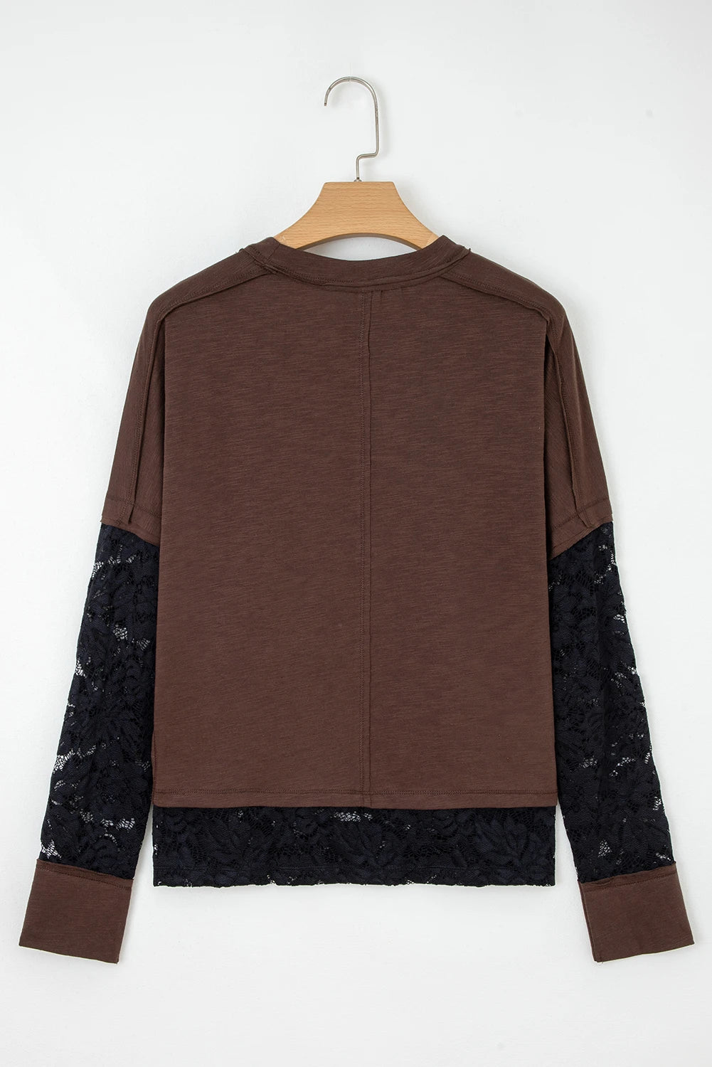 Dark Brown Rhinestone Spooky Graphic Lace Patchwork Long Sleeve T Shirt