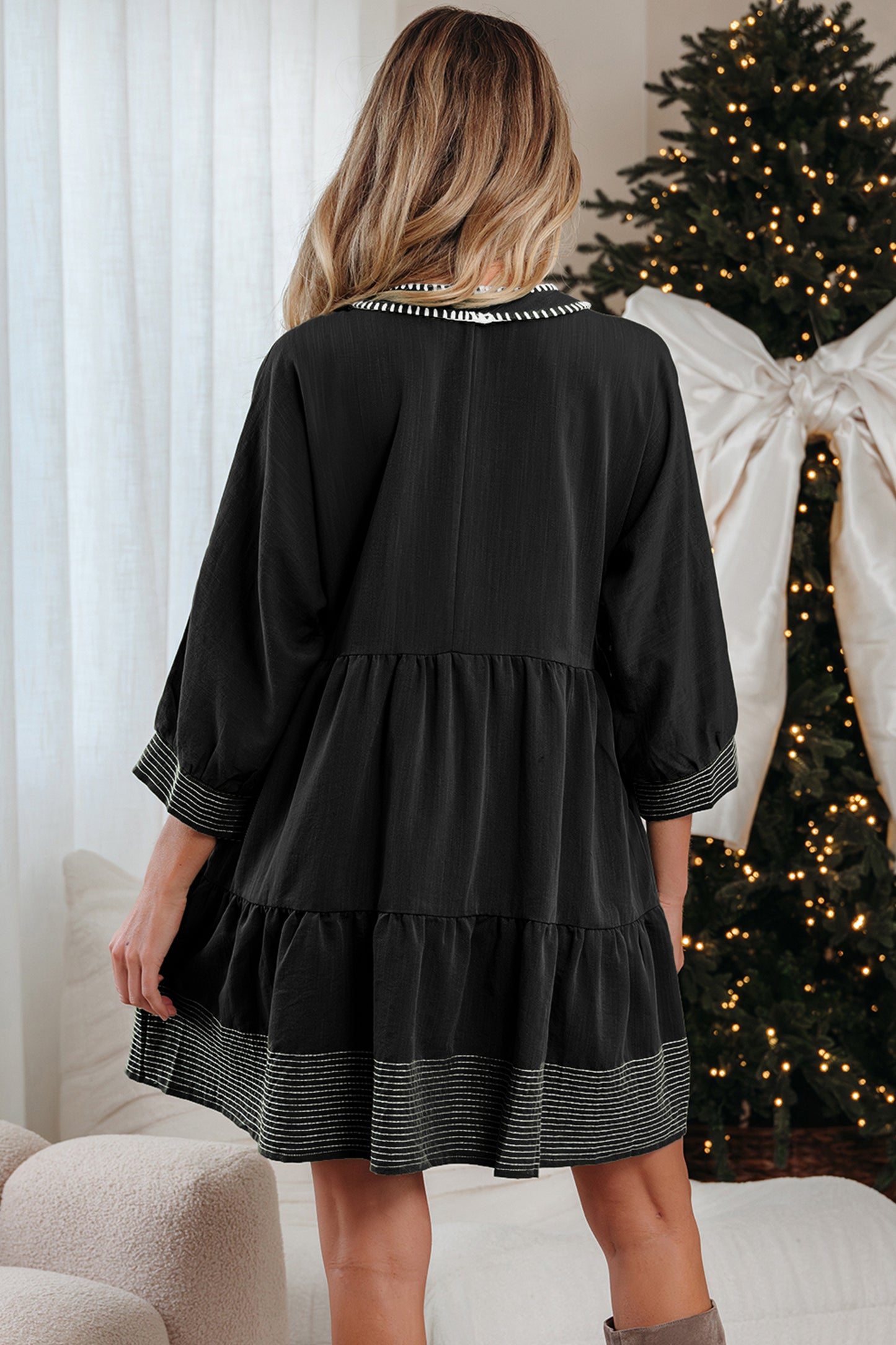 Black Contrast Stitched V Neck 3/4 Sleeve Tiered Mini Dress