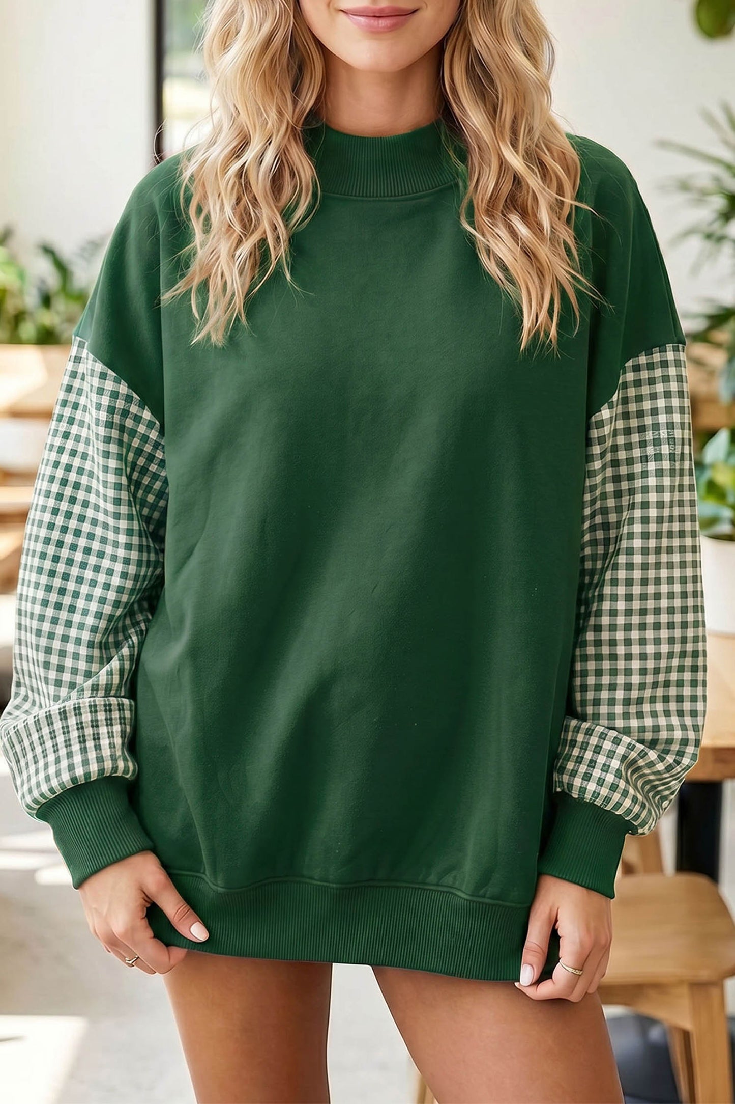 Evergreen Plaid Sleeve Colorblock Loose Tunic Sweatshirt