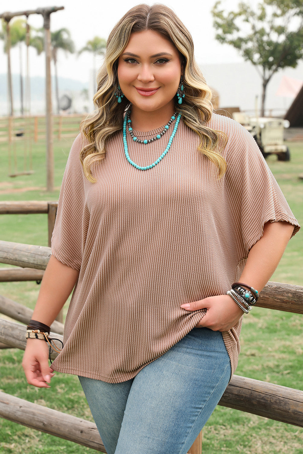 Ribbed Plus Size Crew Neck T-Shirt in Smoke Gray