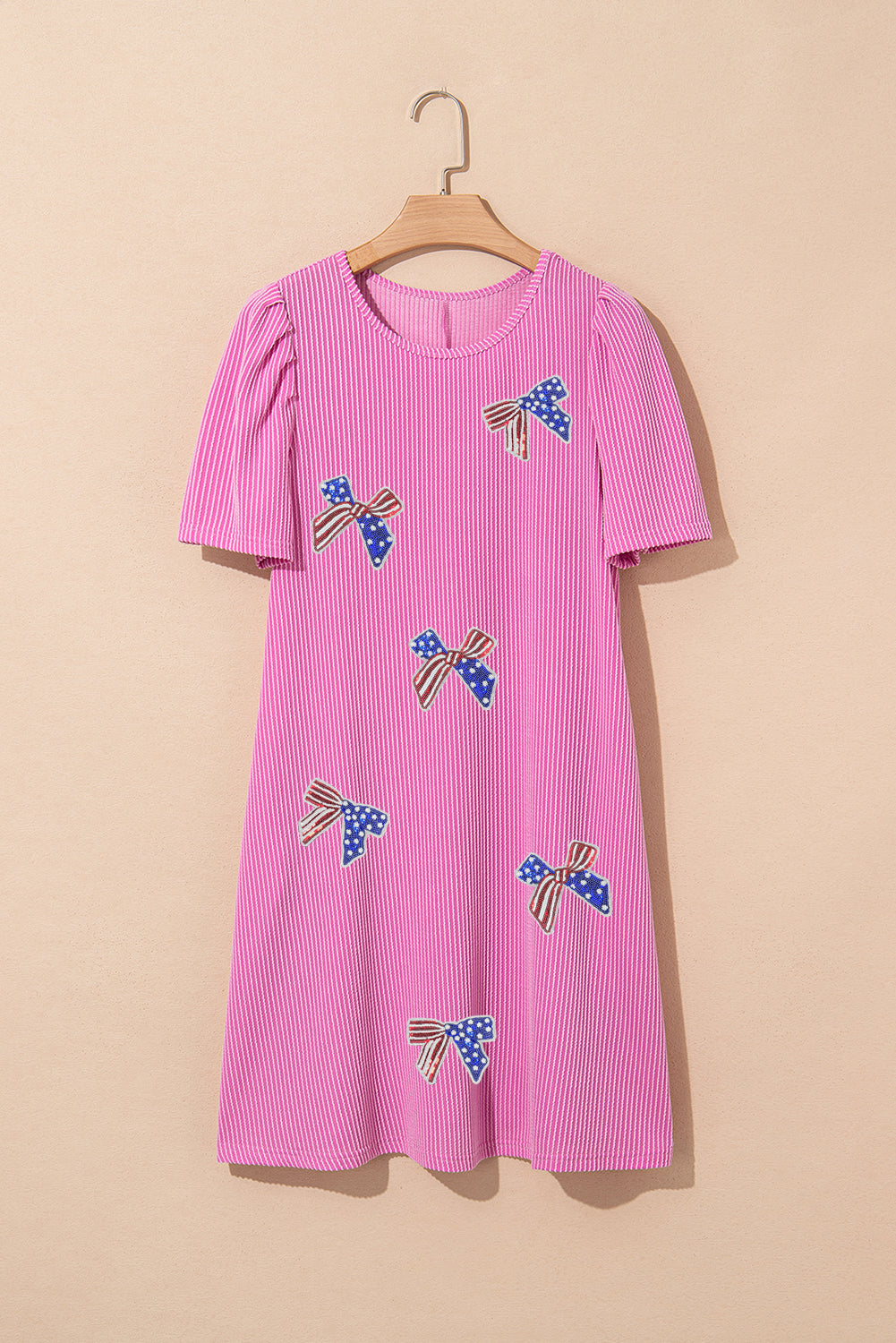 Bright Pink Flag Pattern Inspired Sequin Bow Spiral Ribbed Puff Sleeve T Shirt Dress