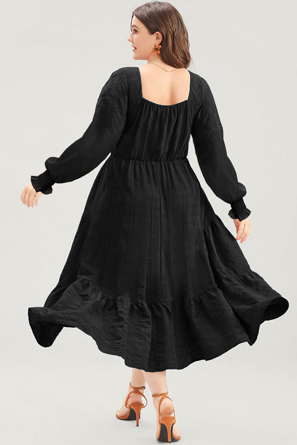 Black Lace-up Ruched Front Long Sleeve Ruffle Hem Plus Size Midi Dress