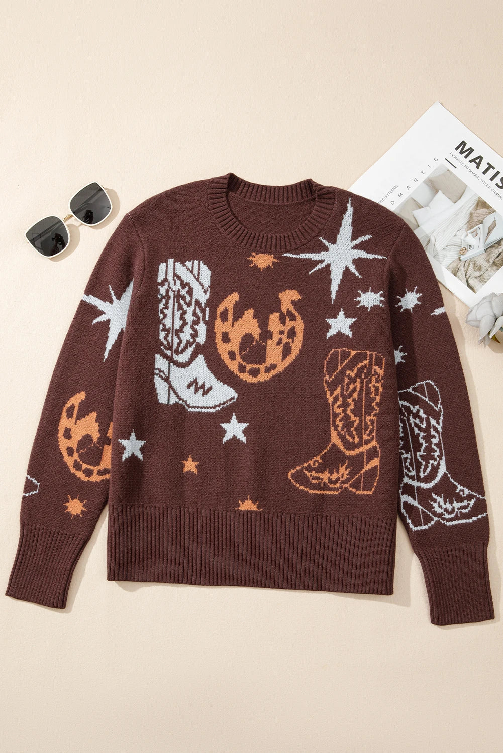 Brown Cowgirl Fashion Print Casual Sweater