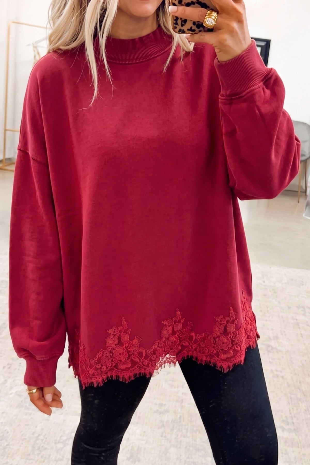 Racing Red Solid Color Lace Splicing Hem Mock Neck Pullover Sweatshirt