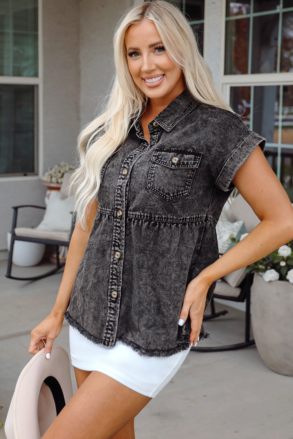 Short Sleeve Button Up Denim Shirt with Flap Pockets and Raw Hem