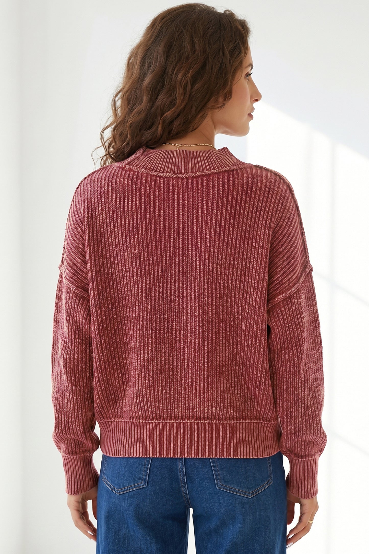 Red Dahlia Drop Shoulder High Neck Ribbed Sweater