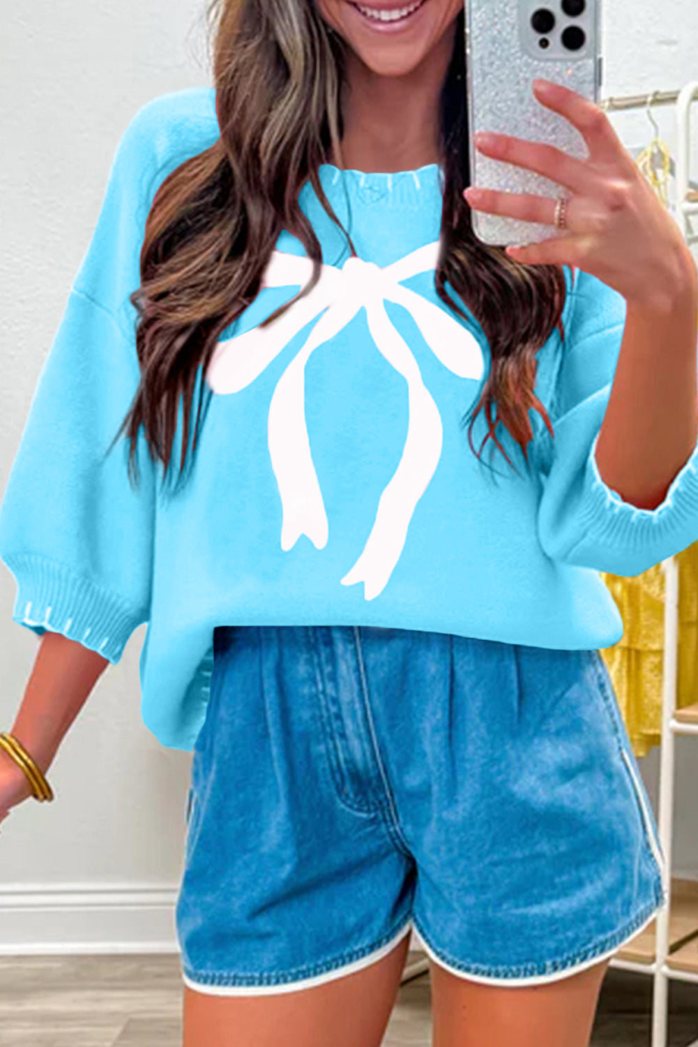 Light Blue Big Ribbon Bow Print Contrast Stitch Trim Drop Shoulder Sweater