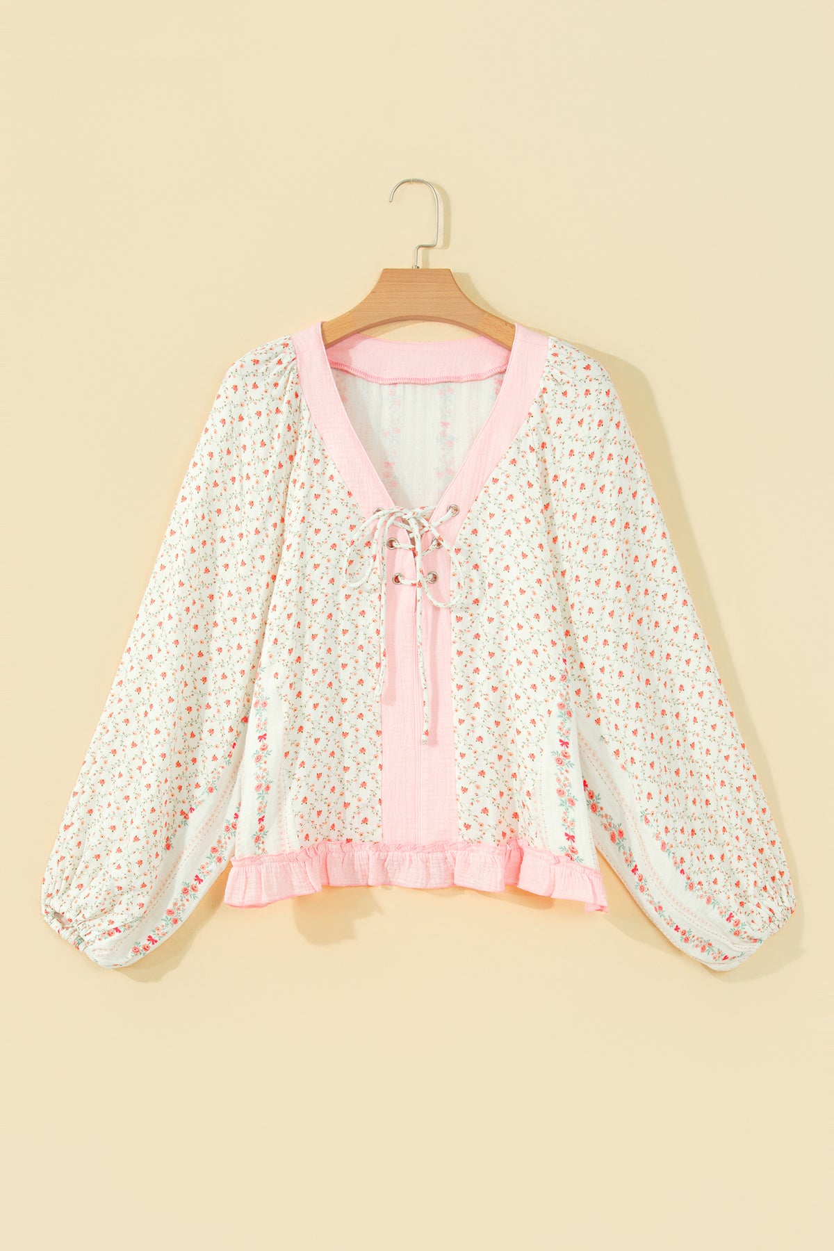 Beige Floral Print Color Block Trim Lace-up V Neck Long Sleeve Blouse