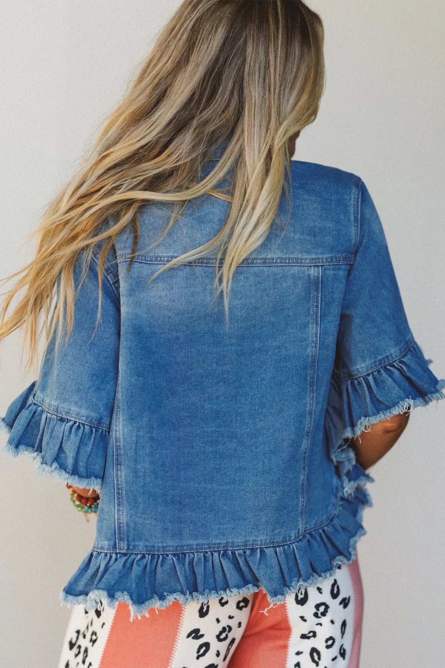 Ruffle Hem Raw Edge Half Sleeve Western Denim Jacket