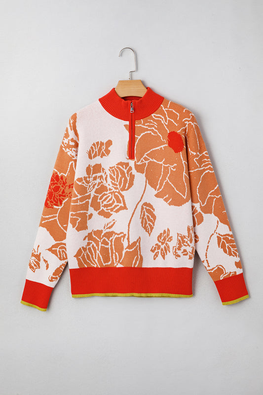 Khaki Floral Half Zip Collared Pullover Sweater