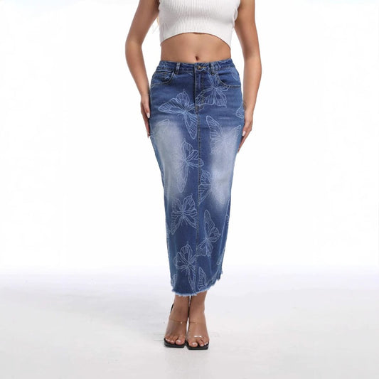 Plus Size Women's Printed Slit Denim Skirt