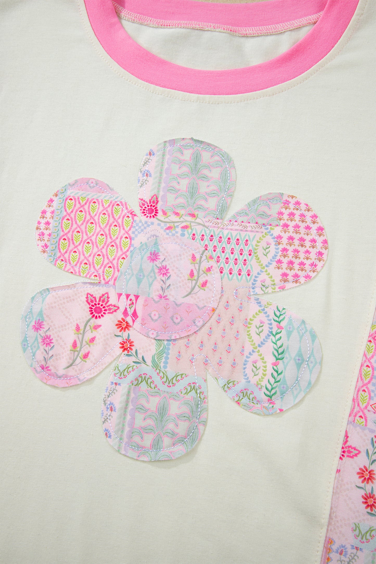 Beige Color Block Floral Patchwork Big Flower Accent Relaxed Top