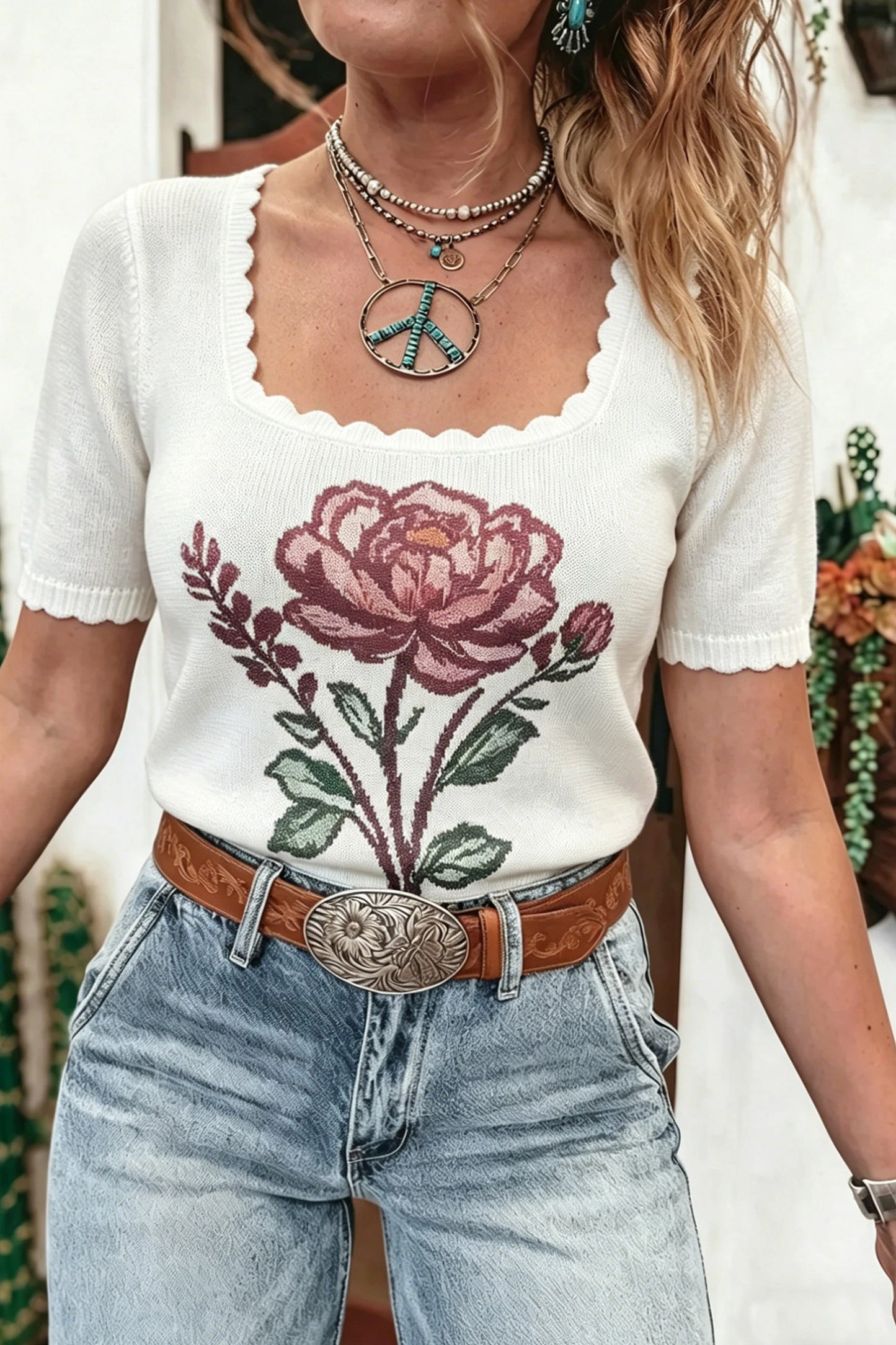Western Floral Print Short Sleeve Square Collar Knit Sweater