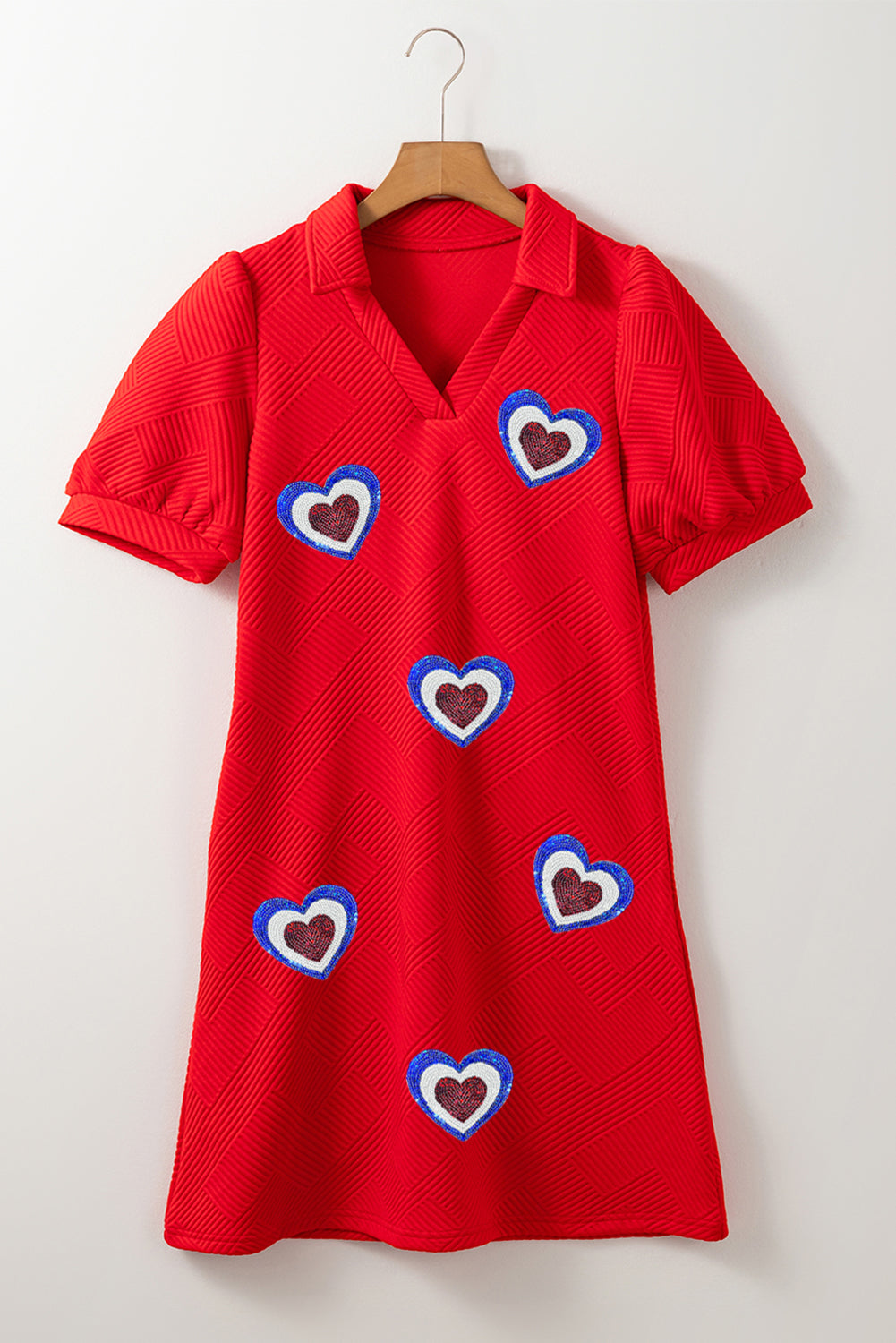 Fiery Red Heart Shape Patchwork Textured Collared V Neck Mini Dress