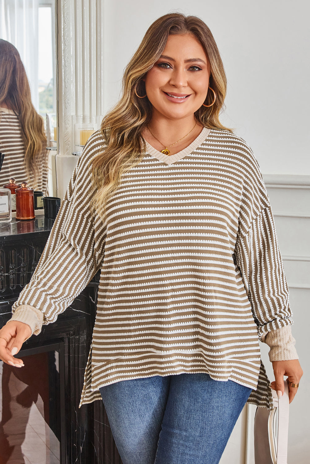 Khaki Stripe Textured Dolman Sleeve High Low Plus Size Top