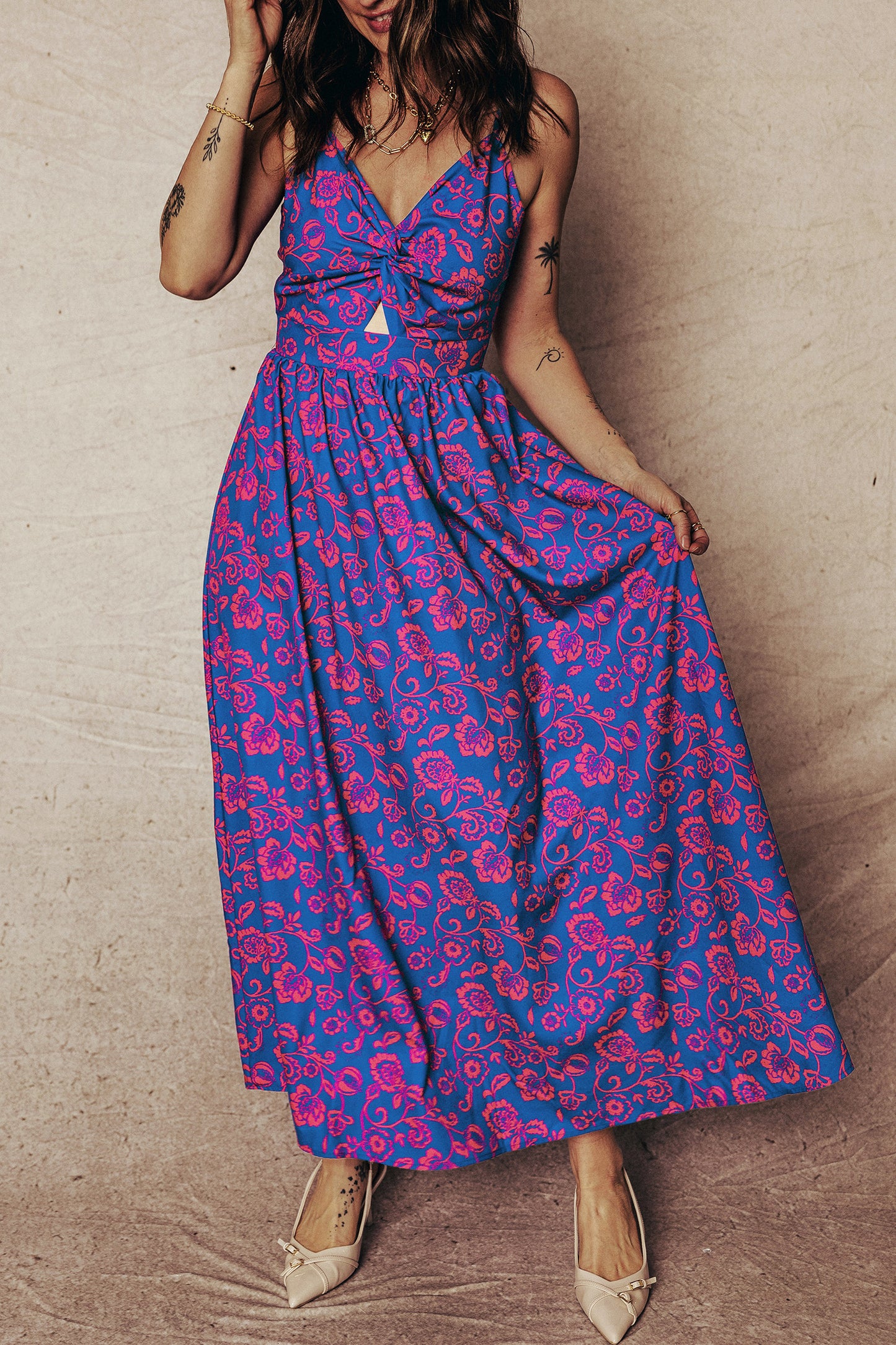 Floral Boho Maxi Dress Cutout Back Vacation Style