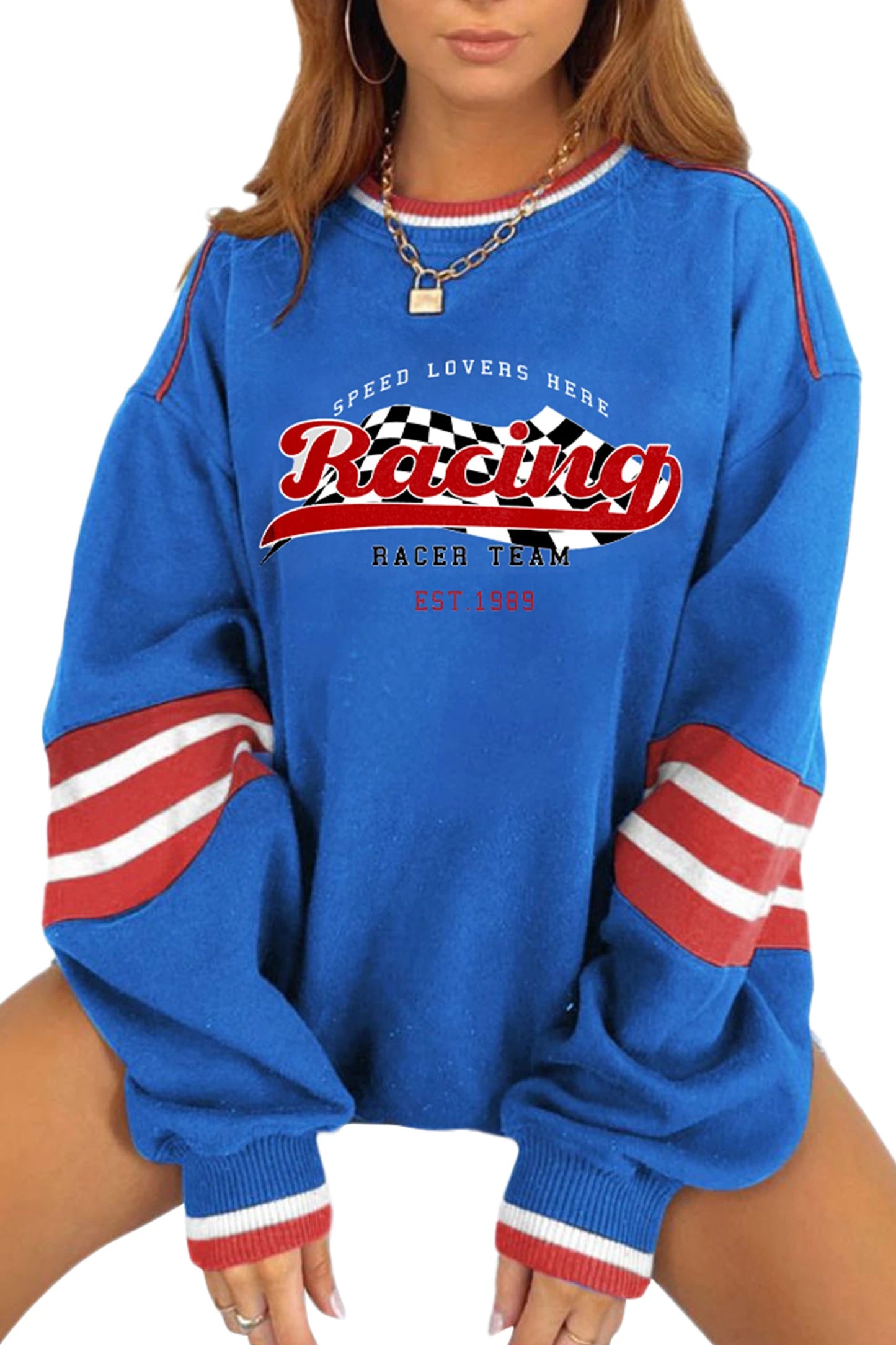 Abstract Racing Graphic Embroidered Patchwork Long Sleeve Casual Sweatshirt