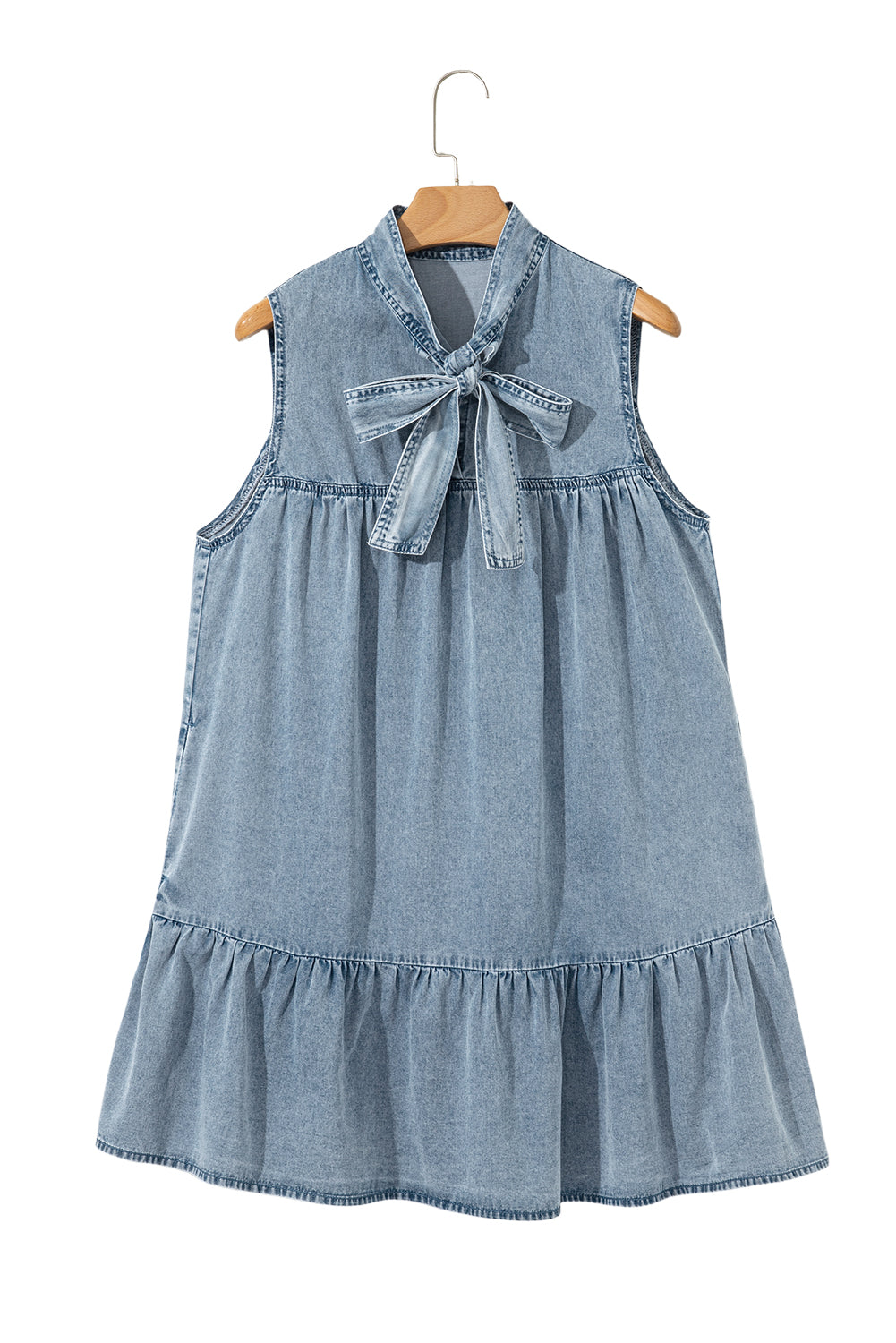 Beau Blue Bowknot Neck Sleeveless Ruffled Chambray Dress