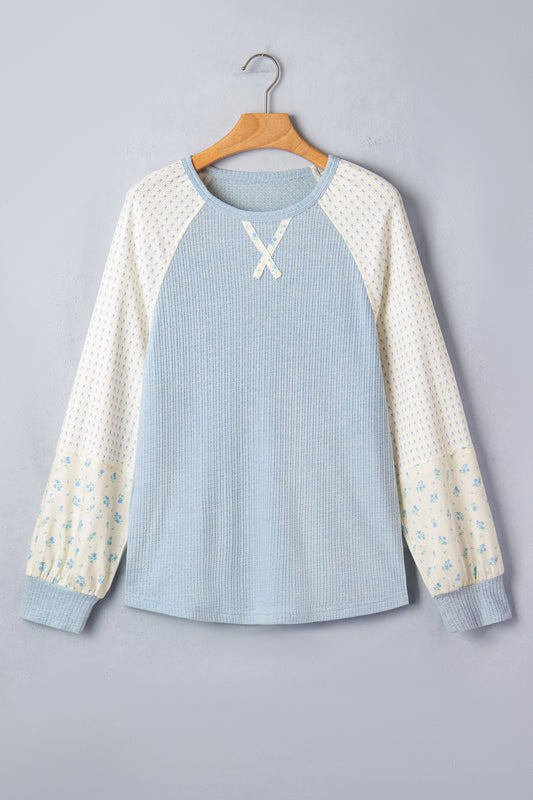 Beau Blue Textured Knit Color Block Floral Patchwork Long Sleeve Top