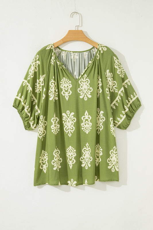 Green Boho Chic Notched V Neck Plus Floral Short Sleeve Top