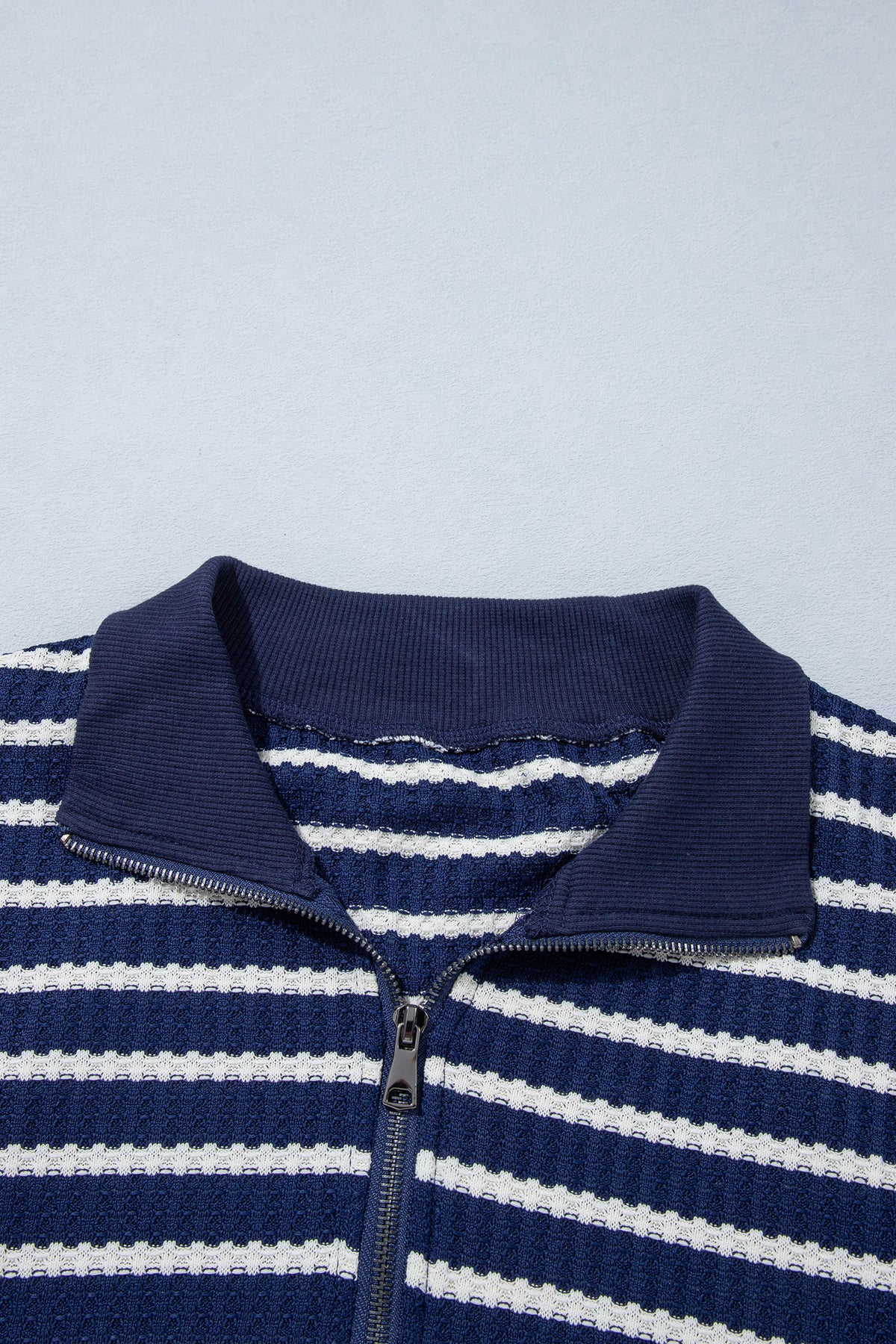 Blue Stripe Textured Knit Half Zip Collared Long Sleeve Top