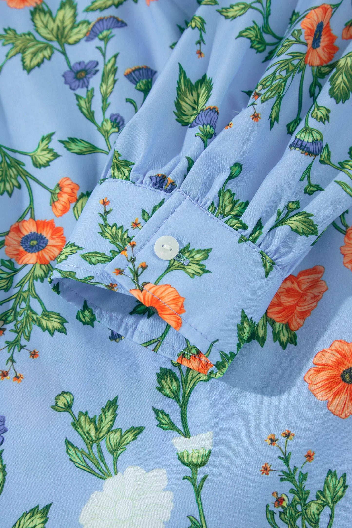 Sky Blue Floral Print Bracelet Sleeve Button Down Casual Shirt