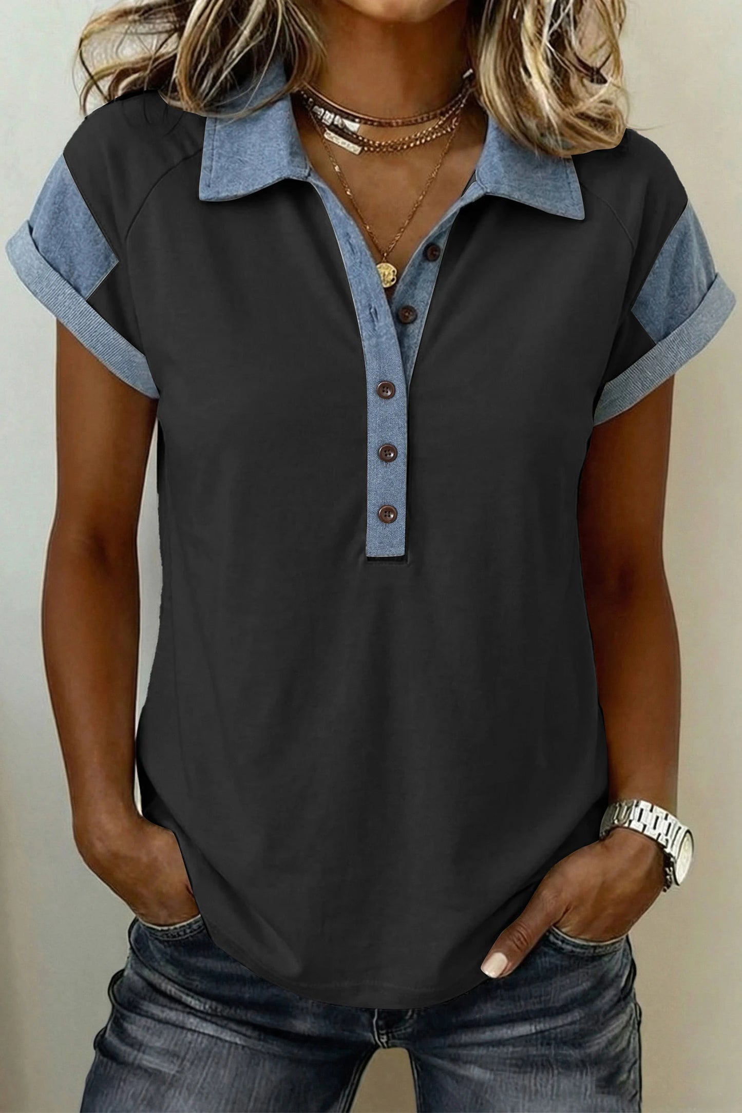 Light Grey Denim Color Block Patchwork Shirt Collar Short Sleeve Blouse