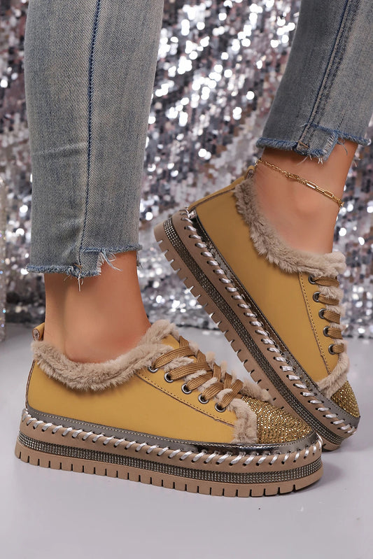 Thai Curry Rhinestone Embellished Faux Fur Lining Lace-Up Flat Shoes