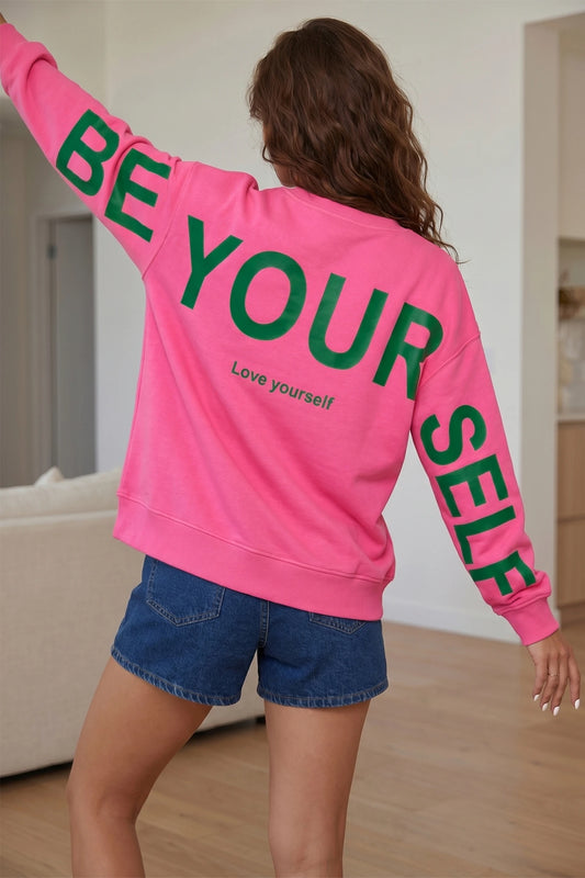 Long Sleeve Round Neck Slogan Print Casual Tunic Pullover Sweatshirt