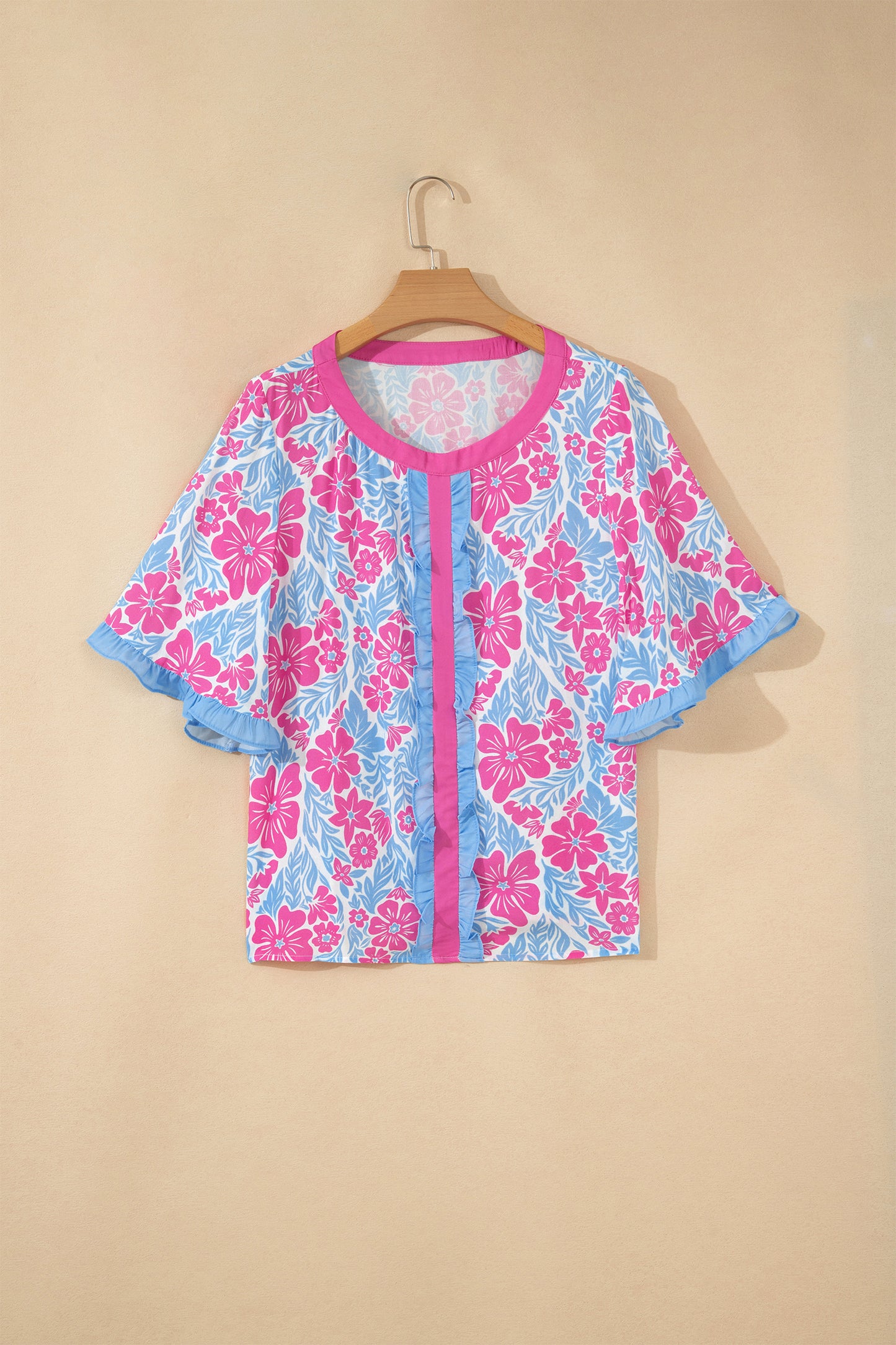 Floral Viscose Blouse Casual Ruffle Trim Flutter Sleeve Top